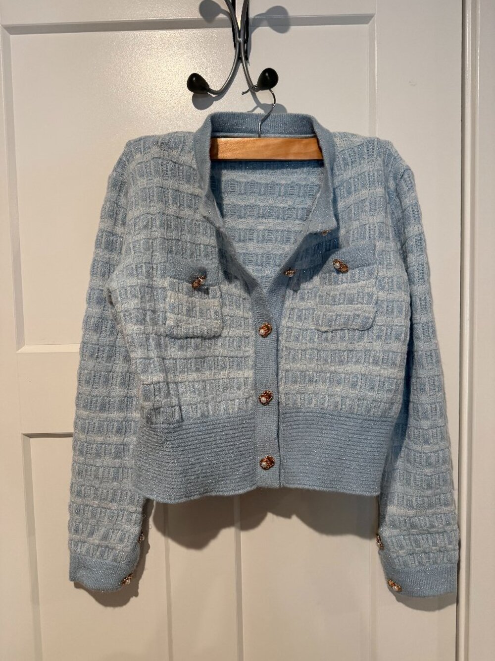 Light Blue Sweater cardigan with silver shimmer with Pearl button details